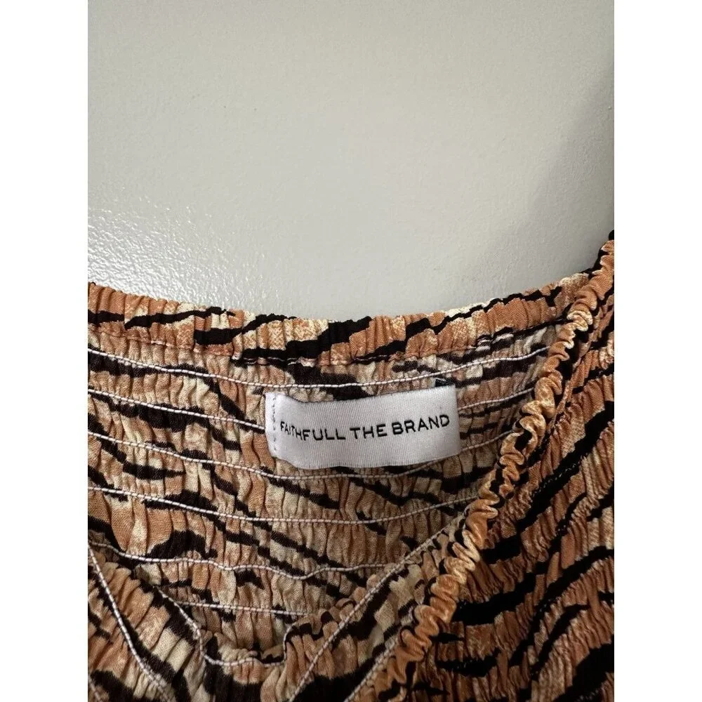 Faithfull the Brand Wyldie Midi Dress Tiger Striped Size 4 or Small Midi Smocked - Picture 5 of 11